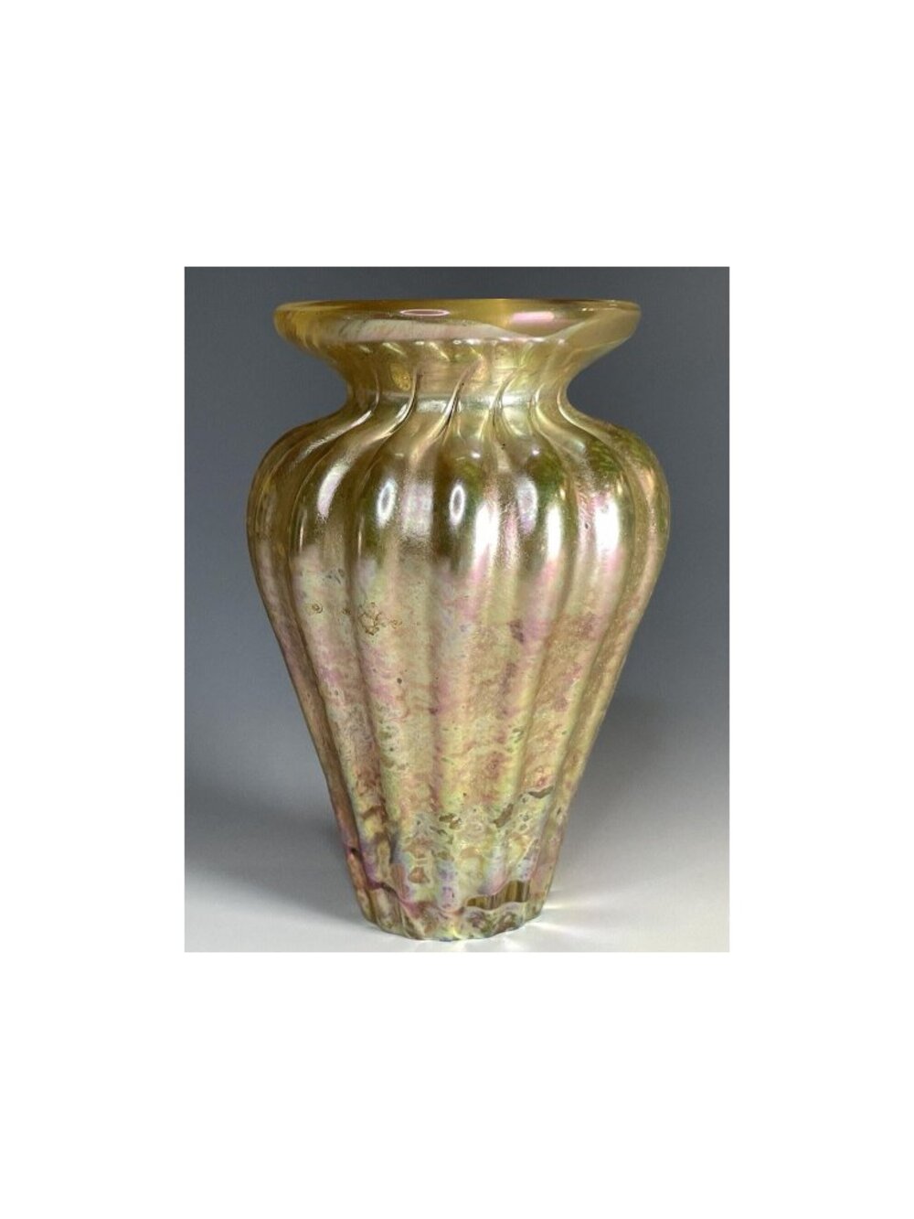 Vintage Iridescent Miniature Ribbed Art Glass Vase Stephen Fellerman